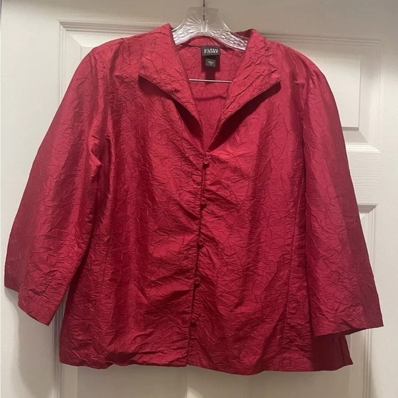 Eileen Fisher Crushed Dupioni Silk Crinkled Red Collared Button Blouse Size S - Picture 1 of 6